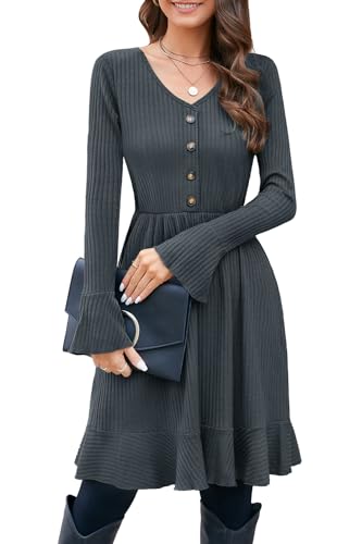 ULTRANICE Strickkleid Damen Herbstkleid Winterkleid V Ausschnitt Pulloverkleid mit Deko Knopf Herbst Winter Kleid (Dunkel Grau, M) von ULTRANICE