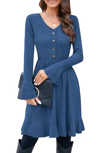 ULTRANICE Strickkleid Damen Herbstkleid Winterkleid V Ausschnitt Pulloverkleid mit Deko Knopf Herbst Winter Kleid (Dunkelblau, XL) von ULTRANICE
