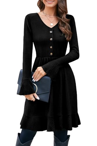 ULTRANICE Strickkleid Damen Herbstkleid Winterkleid V Ausschnitt Pulloverkleid mit Deko Knopf Herbst Winter Kleid (Schwarz, XXL) von ULTRANICE