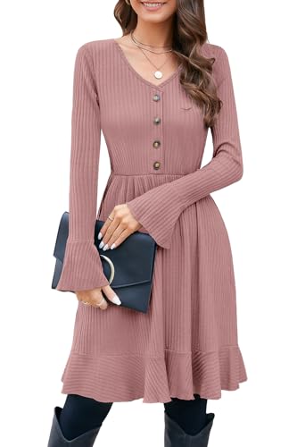 ULTRANICE Strickkleid Damen V Ausschnitt Herbst Winter Kleid mit Deko Knopf Pulloverkleid Herbstkleid Winterkleid(Pink, L) von ULTRANICE