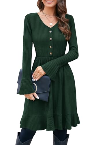 ULTRANICE Strickkleid Damen V Ausschnitt Herbst Winter Kleid mit Deko Knopf Pulloverkleid Herbstkleid Winterkleid (Grün, L) von ULTRANICE