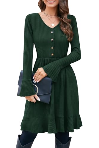ULTRANICE Strickkleid Damen Herbstkleid Winterkleid V Ausschnitt Pulloverkleid mit Deko Knopf Herbst Winter Kleid (Grün, S) von ULTRANICE