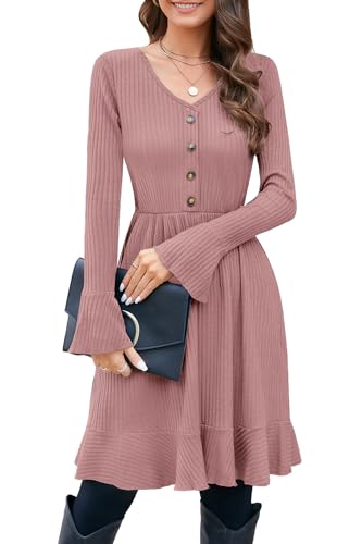 ULTRANICE Strickkleid Damen V Ausschnitt Herbst Winter Kleid mit Deko Knopf Pulloverkleid Herbstkleid Winterkleid (Pink, XL) von ULTRANICE