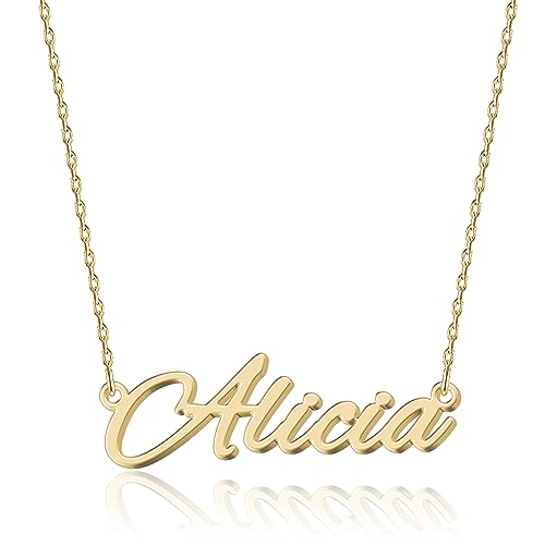 Personalisierte 18K Gold Namenskette Alicia - Damen Halskette mit Gravur aus Edelstahl - Geschenk für Geburtstag, Jahrestag, Abschluss und Valentinstag - Individualisierbar und Handgefertigt von UMAGICBOX