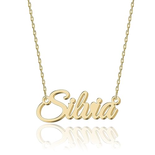 Personalisierte 18K Gold Namenskette Silvia - Damen Halskette mit Gravur aus Edelstahl - Geschenk für Geburtstag, Jahrestag, Abschluss und Valentinstag - Individualisierbar und Handgefertigt von UMAGICBOX