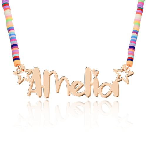 UMAGICBOX Personalisierte Regenbogen-Halskette mit Namen für Mädchen - Roségoldplakette mit Sternen und bunter Fimo-Perlenkette, Geschenk für Kinder zu Geburtstag oder Weihnachten (Roségold) von UMAGICBOX