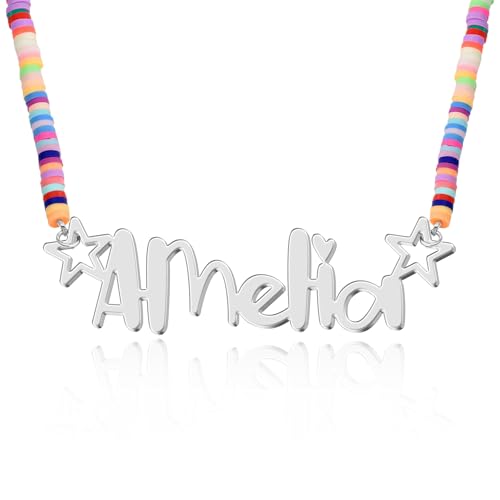 UMAGICBOX Personalisierte Regenbogen-Halskette mit Namen für Mädchen - Silberplakette mit Sternen und bunter Fimo-Perlenkette, Geschenk für Kinder zu Geburtstag oder Weihnachten (Silber) von UMAGICBOX