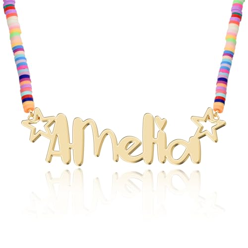 UMAGICBOX Regenbogen-Halskette mit Namen für Mädchen - Personalisierte Goldplakette mit Sternen und bunter Fimo-Perlenkette, Geschenk für Kinder zu Geburtstag oder Weihnachten (Gold) von UMAGICBOX