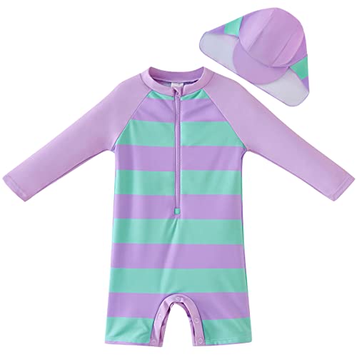 UMELOK Baby-Badeanzug, einteilig, Unisex, UV-Schutz UPF 50+, mit Capeline und langen Ärmeln, schnelltrocknend (3-24 Monate), Lila gestreift, 9-12 Monate von UMELOK