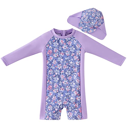 UMELOK Baby-Badeanzug, einteilig, Unisex, UV-Schutz UPF 50+, mit Capeline und langen Ärmeln, schnelltrocknend (3-24 Monate), Violette Blume, 12-18 Monate von UMELOK