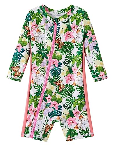 UMELOK Baby Badeanzug Mädchen Einteilige Schwimmanzug UV Schutz 50+ Badebekleidung Grüne Pflanzen/Schmetterlinge，18M von UMELOK