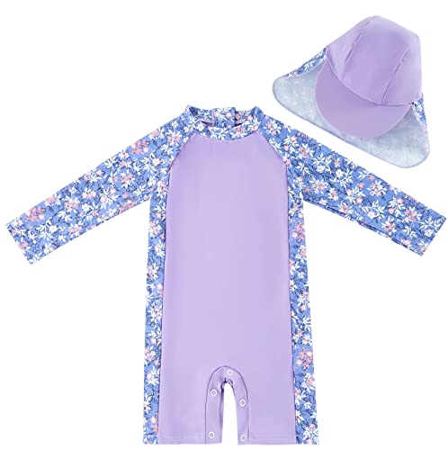 UMELOK Baby Badeanzug UV Schutz Badebekleidung für Mädchen - mit Sonnenhut (Lila Blumen, 18-24 Monate/86-92cm von UMELOK