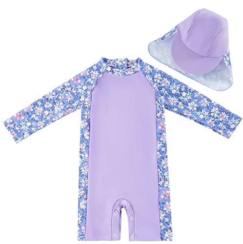 UMELOK Baby Badeanzug UV Schutz Badebekleidung für Mädchen - mit Sonnenhut (Lila Blumen, 9-12 Monate/74-80cm) von UMELOK