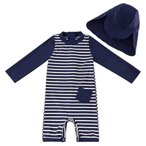 UMELOK Baby Jungen Badeanzug UV Schutz 50+ Einteilige Schwimmanzug Mit Sonnenhut (Blau Streifen, 6-9 Monate/68-74 cm) von UMELOK