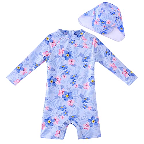UMELOK Baby Badeanzug mit Sonnenhut UV Schutz Badebekleidung Blumen, lila/rot 9-12 Monate/74-80cm von UMELOK