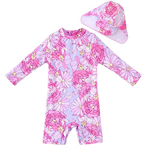 UMELOK Baby Badeanzug mit Sonnenhut UV Schutz Badebekleidung Blumen, rosa 3-6 Monate/62-68cm von UMELOK