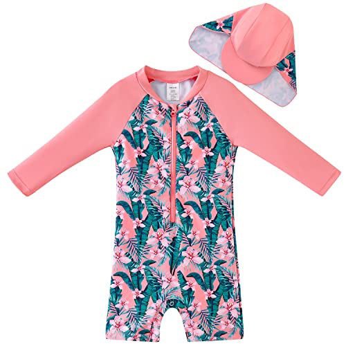 UMELOK Baby Badeanzug mit Sonnenhut UV Schutz Badebekleidung Tropische Pflanze, rosa 12-18 Monate/80-86cm von UMELOK