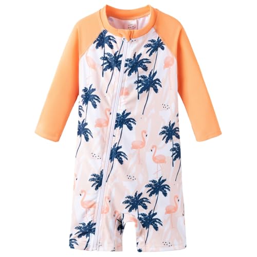 UMELOK Baby Badebekleidung Mädchen Langärmelige Rash Guard Schwimmanzug uv Schutz One Piece mit Sonnenhut Orange Flamingo 74 von UMELOK