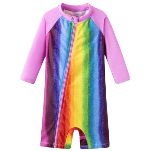 UMELOK Baby Badebekleidung Mädchen Langärmelige Rash Guard Schwimmanzug uv Schutz One Piece mit Sonnenhut Regenbogen 92 von UMELOK
