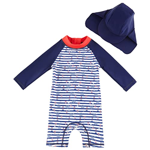 UMELOK Baby Jungen Badeanzug UV Schutz 50+ Einteilige Schwimmanzug Mit Sonnenhut (Blau Leuchttürme, 0-3 Monate/55-62 cm) von UMELOK