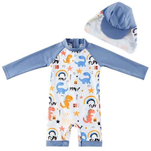 UMELOK Baby Jungen Badeanzug UV Schutz 50+ Einteilige Schwimmanzug Mit Sonnenhut (Grau Dinosaurier, 18-24 Monate/86-92 cm) von UMELOK