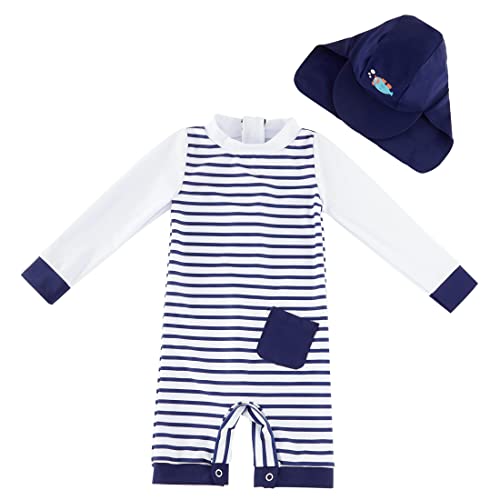 UMELOK Baby Jungen Streifen Badeanzug UV Schutz 50+ Einteilige Schwimmanzug Mit Sonnenhut (Blau Streifen, 2-3 Jahre/92-98 cm) von UMELOK