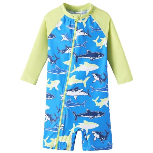 UMELOK Baby Schwimmanzug Jungen UV-Schutz 50+ Mit Reißverschluss einfaches Anziehen Langarm Schnelltrocknender Badeanzug One Piece Für Schwimmkurs, Strand & Pool Die Haifamilie 86/92 von UMELOK