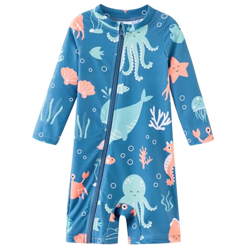 UMELOK Baby Schwimmanzug Jungen UV-Schutz 50+ Mit Reißverschluss einfaches Anziehen Langarm Schnelltrocknender Badeanzug One Piece Für Schwimmkurs, Strand & Pool Oktopus-Seepferdchen 80/86 von UMELOK