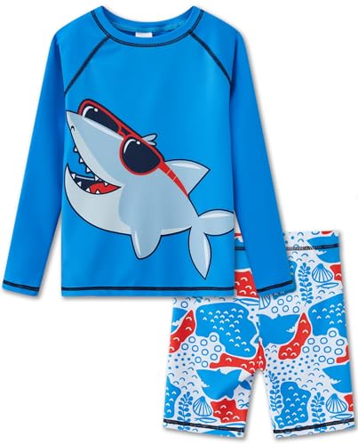 UMELOK Jungen Bade Set UPF 50+, Zweiteiliger Rash Guard in Blau mit Hai Motiv in Sonnenbrille und Blaue Schwimmshorts, Sonnenschutz für Kinder von UMELOK