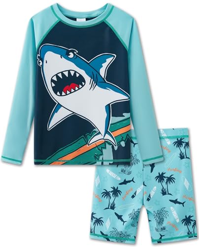 UMELOK Jungen Bade Set UPF 50+, Zweiteiliger Rash Guard in Blau mit Springendem Hai Motiv und Türkisblau Schwimmshorts, Sonnenschutz für Kinder von UMELOK