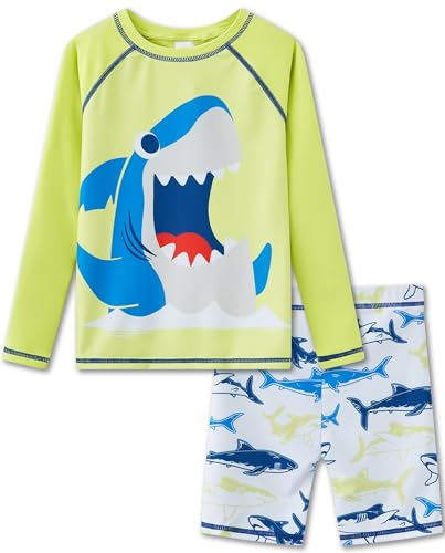 UMELOK Jungen Bade Set UPF 50+, Zweiteiliger Rash Guard in Gelb-Grün mit Hai Motiv und Weiße Schwimmshorts mit Hai Motiv, Sonnenschutz für Kinder von UMELOK
