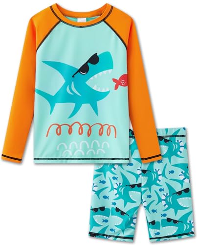 UMELOK Jungen Bade Set UPF 50+, Zweiteiliger Rash Guard in Türkisblau und Orange mit Hai Motiv und Türkisblau Schwimmshorts, Sonnenschutz für Kinder von UMELOK