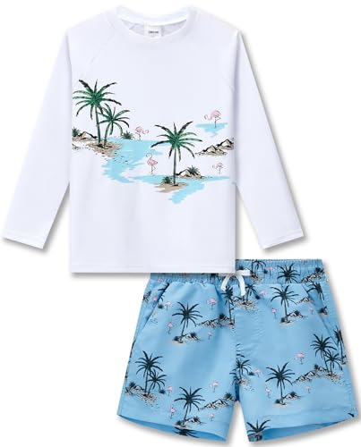 UMELOK Jungen Bade Set UPF 50+, Zweiteiliger Rash Guard in Weiß mit Flamingo Motiv und Blaue Schwimmshorts, Sonnenschutz für Kinder UMELOK Jungen Bade Set UPF 50+, Zweiteiliger Rash Guard in Weiß mit Flamingo Motiv und Blaue Schwimmshorts, Sonnenschutz für Kinder von UMELOK