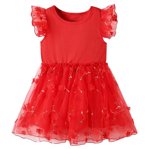 UMELOK Modisches Mädchenkleid Stickerei Tüll Ohne Ärmel Elegant Runder Ausschnitt Kleider für Festivals,Freizeit im Alltag,Geburtstagsfeiern Rot 122 von UMELOK