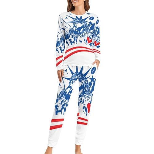 UMENG Amerika Damen Schlafanzug Lange Pyjama Set Zweiteiliger Nachtwäsche Langarm Hausanzug Sleepwear von UMENG