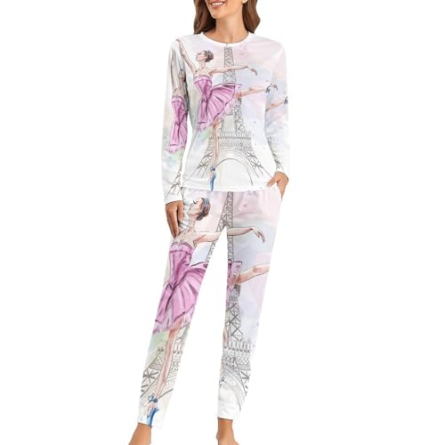 UMENG Ballett-Turm Damen Schlafanzug Lange Pyjama Set Zweiteiliger Nachtwäsche Langarm Hausanzug Sleepwear von UMENG