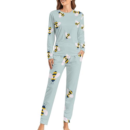 UMENG Biene Damen Schlafanzug Lange Pyjama Set Zweiteiliger Nachtwäsche Langarm Hausanzug Sleepwear von UMENG