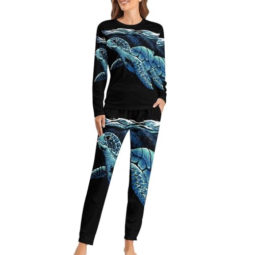 UMENG Blaue Schildkröte Damen Schlafanzug Lange Pyjama Set Zweiteiliger Nachtwäsche Langarm Hausanzug Sleepwear von UMENG