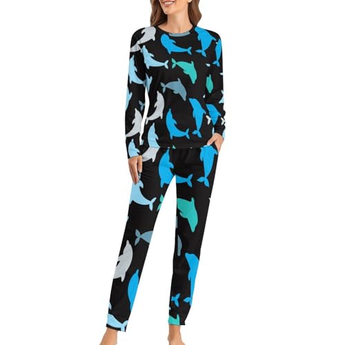 UMENG Blauer Delphin Damen Schlafanzug Lange Pyjama Set Zweiteiliger Nachtwäsche Langarm Hausanzug Sleepwear von UMENG