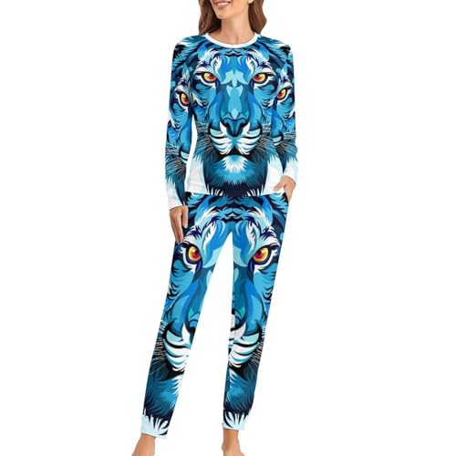 UMENG Blauer Tiger Damen Schlafanzug Lange Pyjama Set Zweiteiliger Nachtwäsche Langarm Hausanzug Sleepwear von UMENG