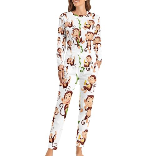 UMENG Cartoon AFFE Damen Schlafanzug Lange Pyjama Set Zweiteiliger Nachtwäsche Langarm Hausanzug Sleepwear von UMENG
