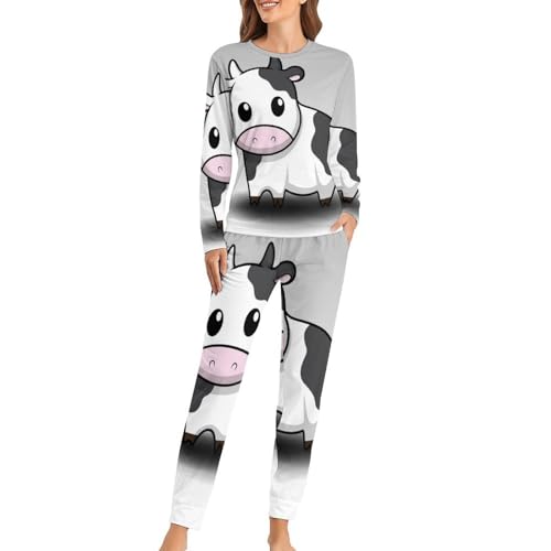 UMENG Cartoon Kuh Damen Schlafanzug Lange Pyjama Set Zweiteiliger Nachtwäsche Langarm Hausanzug Sleepwear von UMENG