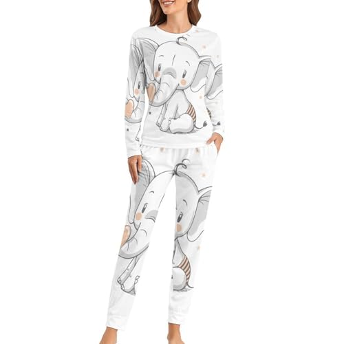UMENG Elefant Damen Schlafanzug Lange Pyjama Set Zweiteiliger Nachtwäsche Langarm Hausanzug Sleepwear von UMENG