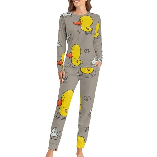 UMENG Ente Papierboot Damen Schlafanzug Lange Pyjama Set Zweiteiliger Nachtwäsche Langarm Hausanzug Sleepwear von UMENG
