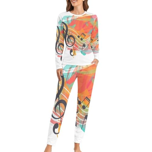 UMENG Farbige Notizen Damen Schlafanzug Lange Pyjama Set Zweiteiliger Nachtwäsche Langarm Hausanzug Sleepwear von UMENG