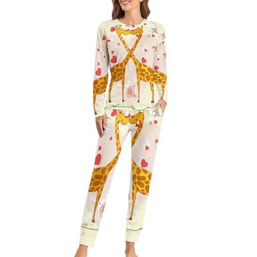 UMENG Giraffe Damen Schlafanzug Lange Pyjama Set Zweiteiliger Nachtwäsche Langarm Hausanzug Sleepwear von UMENG