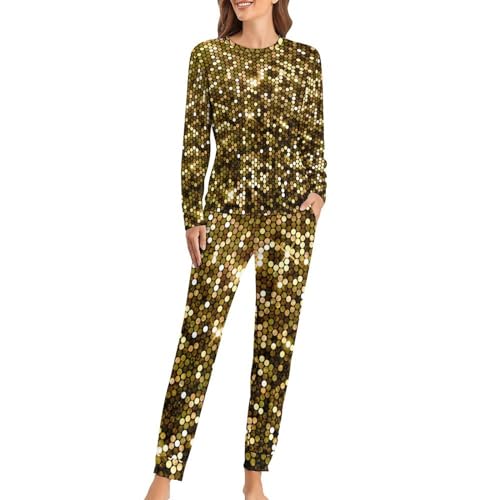 UMENG Gold-Glitter Damen Schlafanzug Lange Pyjama Set Zweiteiliger Nachtwäsche Langarm Hausanzug Sleepwear von UMENG