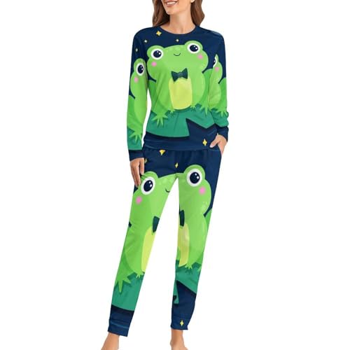 UMENG Grüner Frosch Damen Schlafanzug Lange Pyjama Set Zweiteiliger Nachtwäsche Langarm Hausanzug Sleepwear von UMENG