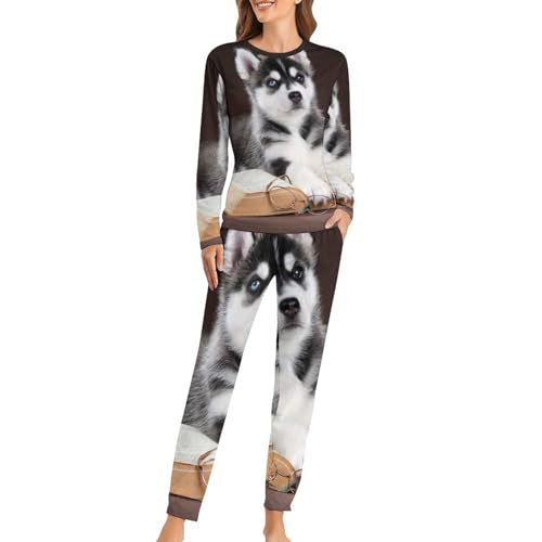 UMENG Husky Damen Schlafanzug Lange Pyjama Set Zweiteiliger Nachtwäsche Langarm Hausanzug Sleepwear von UMENG