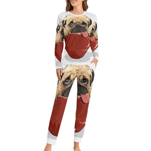 UMENG Mops-Hund Damen Schlafanzug Lange Pyjama Set Zweiteiliger Nachtwäsche Langarm Hausanzug Sleepwear von UMENG
